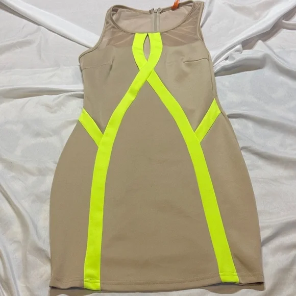 Neon Panel Bodycon Mini Dress | Tan & Lime | Sleeveless Club / Night Out Dress - Picture 1 of 10